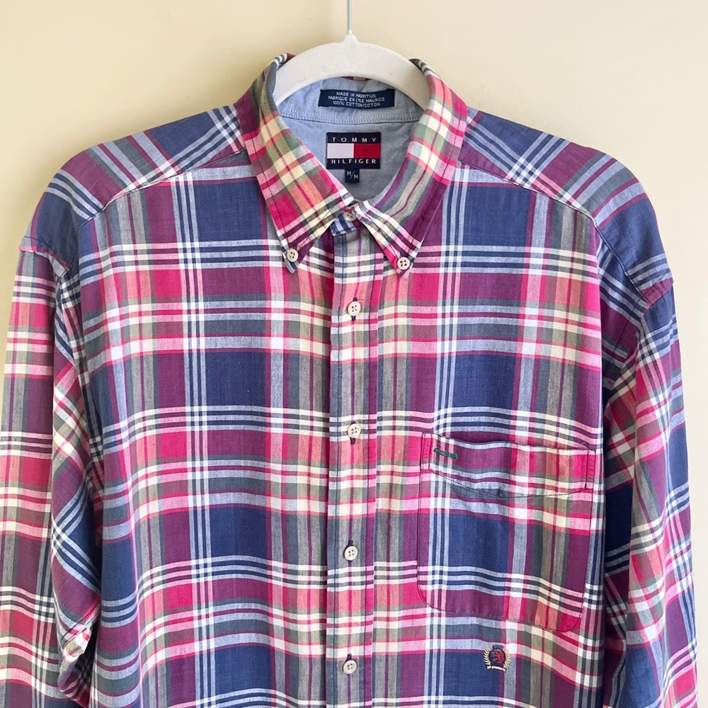 Vintage Tommy Hilfiger Button Up Shirt Men's Medium Plaid 100% Cotton Preppy Top - Picture 7 of 12